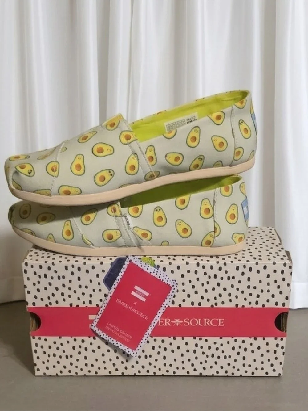 Toms X Paper Source slip-on shoes featuring a limited-edition avocado print.